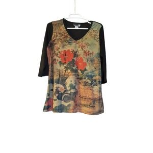 CSC STUDIO Top Shirt Blouse Black with Chinese Print Small Stretchy Comfort Cozy